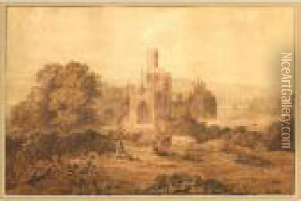 Kirkstall Abbeywatercolour Oil Painting - John Glover