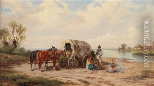 Gypsies Resting By The Theiss In Hungary Oil Painting - Alfred (A. Stone) Steinacker