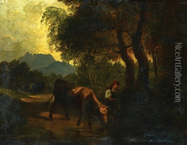 Cow And Peasant Oil Painting - Friedrich Gauermann