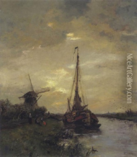 Hollandische Kanallandschaft Mit Windmuhle Oil Painting - Jan Van Der Linde