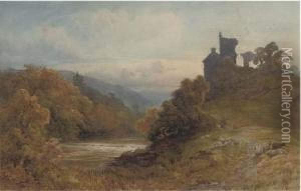 Sheep Grazing Above A River Landscape Oil Painting - Frederick Mercer