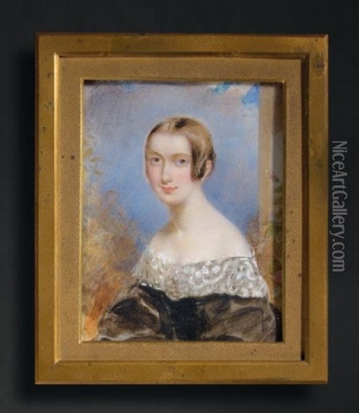 Portrait De Mademoiselle Julie Loiseau En Buste Vers La Gauche, Portant Une Robe De Velours Noir Brodee De Dentelle Oil Painting - Francois Theodore Rochard