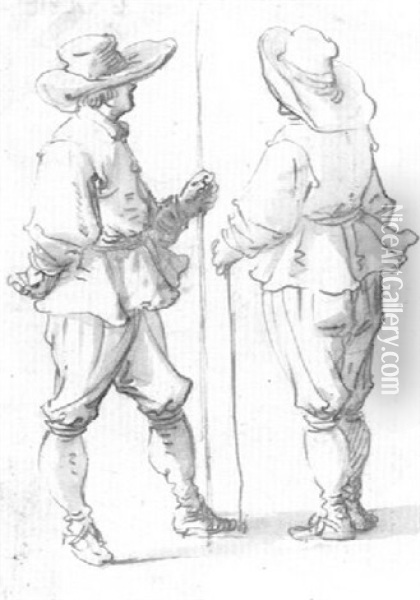 Two Men With Staffs In Converse (recto); The Legs           Of A Standing Man Oil Painting - Jan van Bouchorst