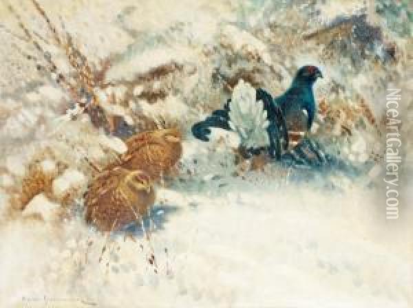 Winter Landscape With Blackcock And Hens Oil Painting - Mosse Stoopendaal