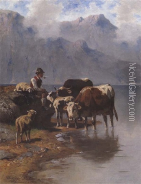 Hirte Mit Schafen Und Rindern Am Ufer Oil Painting - Christian Friedrich Mali