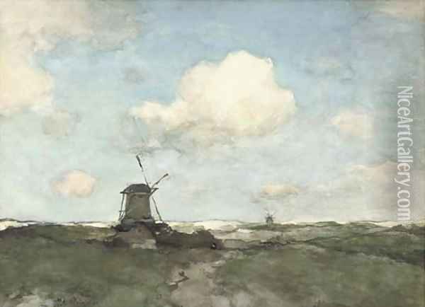 A windmill in a polder landscape 2 Oil Painting - Johan Hendrik Weissenbruch