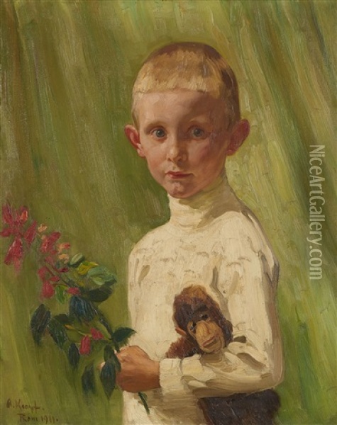 Portrait Of A Boy With A Flowering Branch And A Monkey Oil Painting - Arthur Kampf