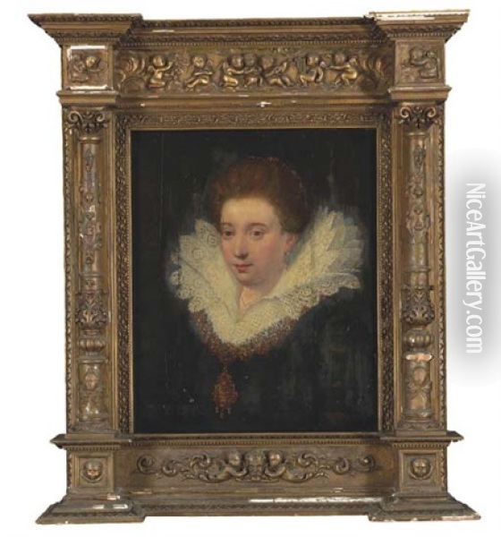 Portrait Of A Lady With A White Lace Collar And An Elaborate Jewelled Necklace Oil Painting - Frans Pourbus the younger