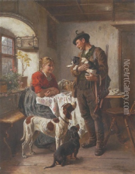 Junges Paar In Der Stube Mit Jagdhunden Oil Painting - Adolf Eberle