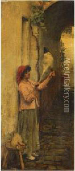 A Neapolitan Flax Spinner Oil Painting - John William Waterhouse