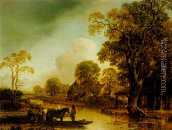 A River Landscape With Figures Ferrying Horses Oil Painting - Aert van der Neer