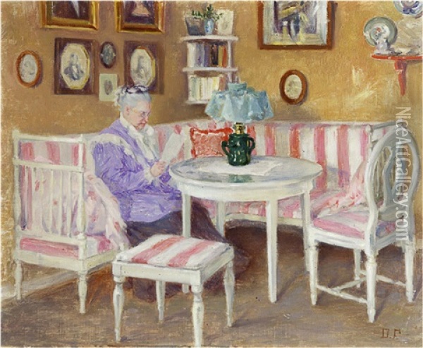 Reading Hour In A White Salon Oil Painting - Dagmar Furuhjelm