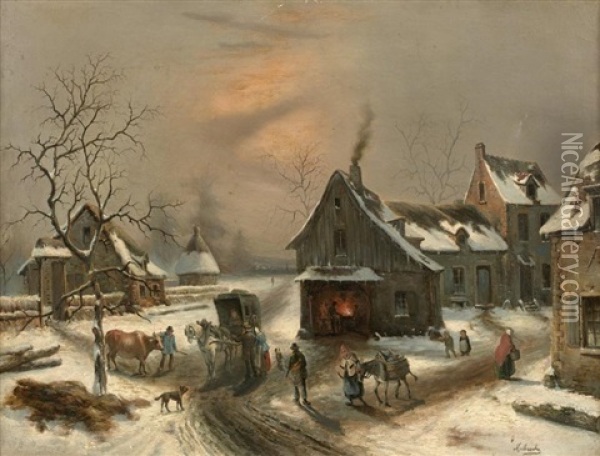 Village Sous La Neige Oil Painting - Louis-Claude Malbranche