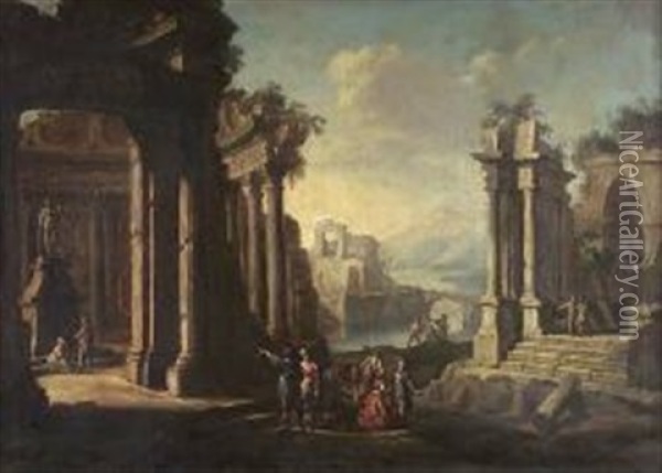 Capriccio Of Figures And Horsemen By Ruins (+ Another; 2 Works) Oil Painting - Giovanni Ghisolfi