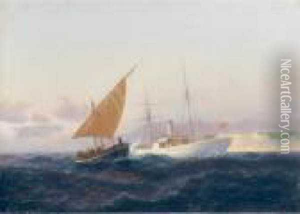 Sailing Boat And Steamer Oil Painting - Emilios Prosalentis