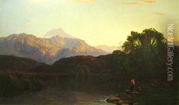 A Mountainous Landscape At Sunset With A Figure By A Rocky Stream Oil Painting - Henry John Boddington