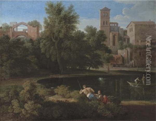 A Classical Landscape With Figures Resting By A Lake, A Town Beyond Oil Painting - Gaspard Dughet