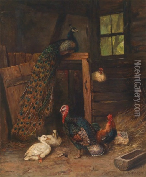 Huhner, Enten, Pfau Und Truthahn Im Stall Oil Painting - Carl Jutz the Elder
