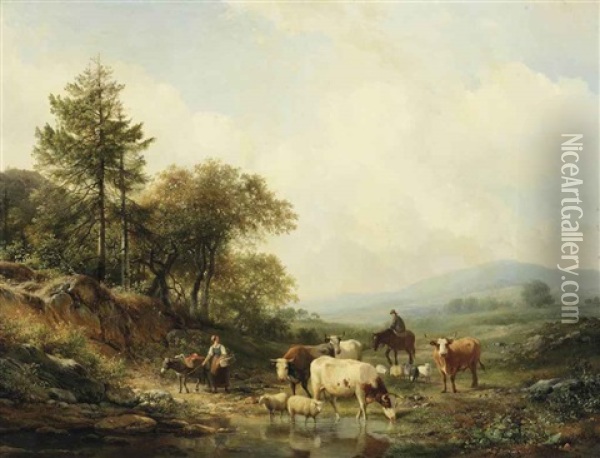 Watering Cattle In A Sunlit Landscape Oil Painting - Hendrik van de Sande Bakhuyzen