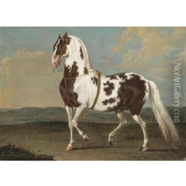 Portrait Of A Dressage Stallion In A Landscape Oil Painting - Johann Georg de Hamilton