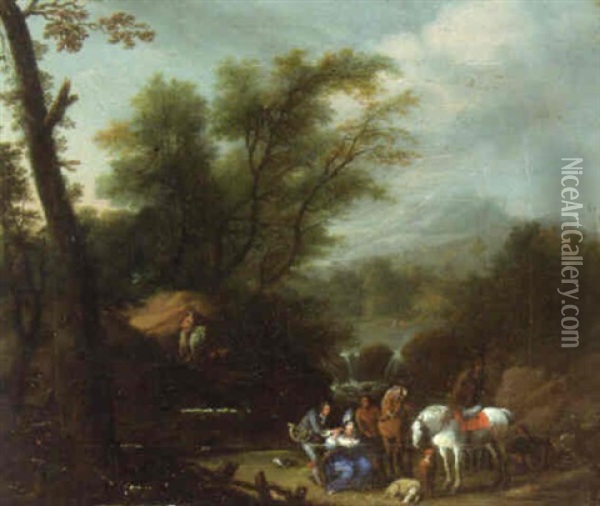 A Wooded River Landscape With A Hunting Party At Rest Oil Painting - Dirk Maes