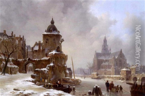A View Of A Town In Winter Oil Painting - Bartholomeus Johannes Van Hove