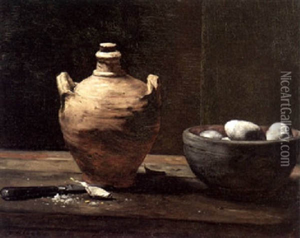 Still Life With Ceramic Jug, Eggs And Knife Oil Painting - Theodule Ribot