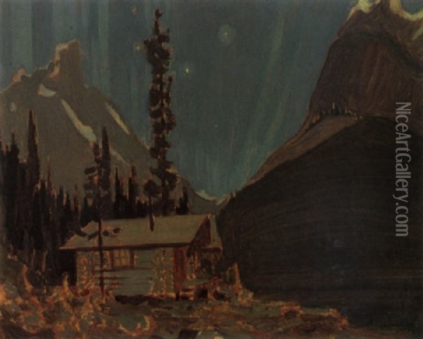 Northern Lights, Lake O'hara, A Cabin In The Foreground Oil Painting - James Edward Hervey MacDonald