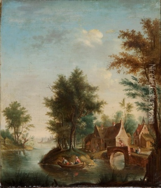 Dorflandschaft Mit Brucke Und Baumen Oil Painting - Salomon van Ruysdael