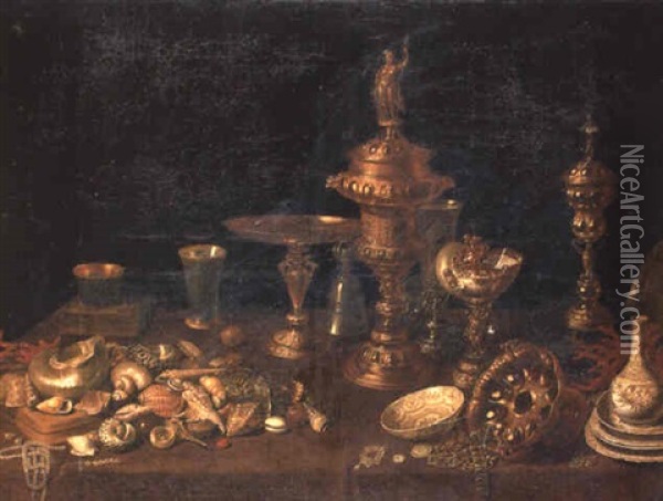 Silver-gilt Cups, A Tazza, Other Dishes And Seashells On A Draped Table Oil Painting - David Ryckaert the Younger