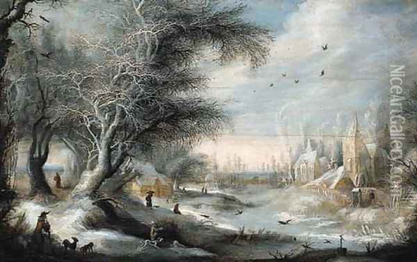A winter landscape with sportsmen on a forest track near a village, peasants nearby Oil Painting - Gijsbrecht Leytens