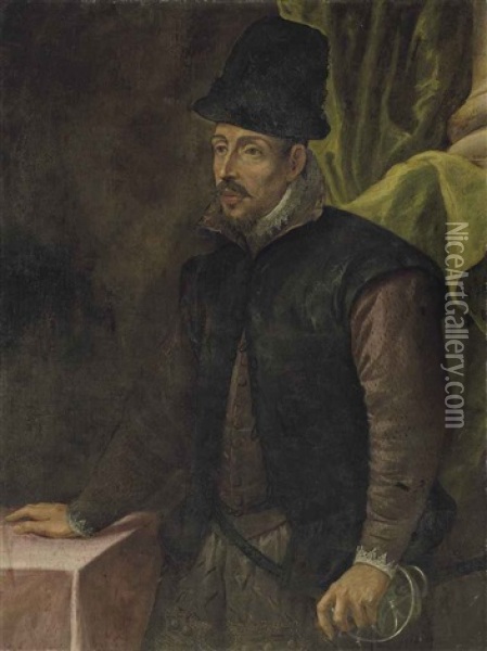 Portrait Of A Man, Three-quarter-length, In A Mauve Doublet, Lace Cuffs And Collar, And A Black Hat, His Left Hand Resting On The Hilt Of His Saber Oil Painting - Leandro da Ponte Bassano