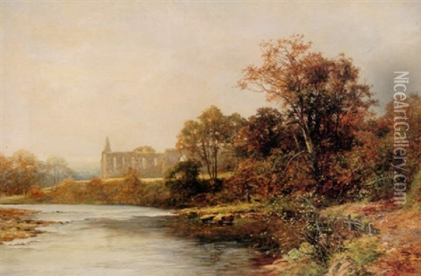 A View Of Bolton Abbey, Wharfedale, With A Boy And A Dog In The Foreground Oil Painting - David Bates