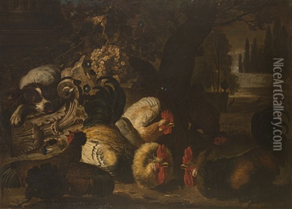 Cane E Volatili In Un Paesaggio Oil Painting - David de Coninck