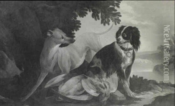 A Long Dog And A Spaniel With A Duck And A Partridge In A   Landscape Oil Painting - Jacques Charles Oudry