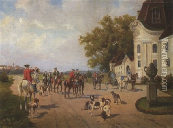 Jagdgesellschaft Mit Hunden Vor Einem Rokoko-schlosschen Oil Painting - Ludwig Mueller-Cornelius