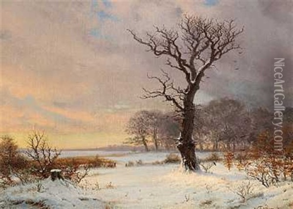 Snedaekket Vinterlandskab Med Et Gammelt, Kroget Trae I Forgrunden Oil Painting - Nordahl (Peter Frederik N.) Grove