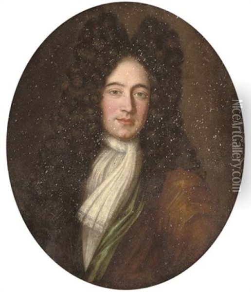 Portrait Of A Gentleman In A Brown And Green Robe, With A White Cravat Oil Painting - John Verelst