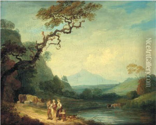 A River Landscape With Figures And Cattle On A Road Oil Painting - Francis Wheatley