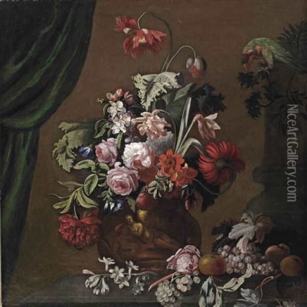 Roses, Poppies And Carnations In A Terracotta Vase, With A Parrot, Apples And Grapes On A Stone Ledge, A Curtain To The Left Oil Painting - Simon Pietersz Verelst