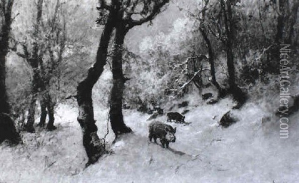 Wildschweine Im Winterwald Oil Painting - Antal (Laszlo) Neogrady