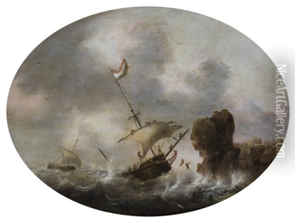 Shipwrecking Off A Rocky Coast Oil Painting - Jacob Adriaenz. Bellevois