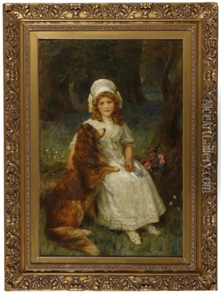Young Girl With Pet Collie Seated On A Log With Flowers In A Woodland Scene Oil Painting - George Sheridan Knowles