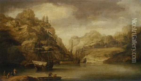 An Estuary With Loggers At A Northern Trading Post Oil Painting - Bonaventura Peeters the Elder