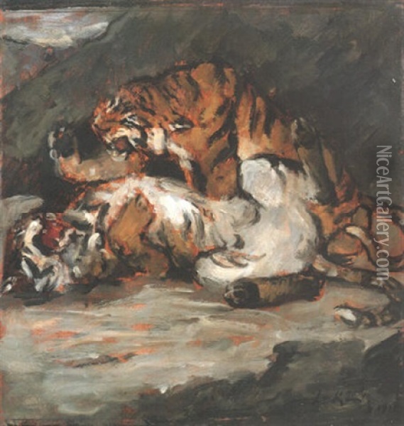 Balgende Tiger Oil Painting - Leo von Koenig