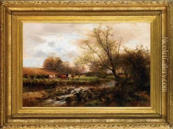 Cattle Grazing By The Stream Oil Painting - James Kinnear