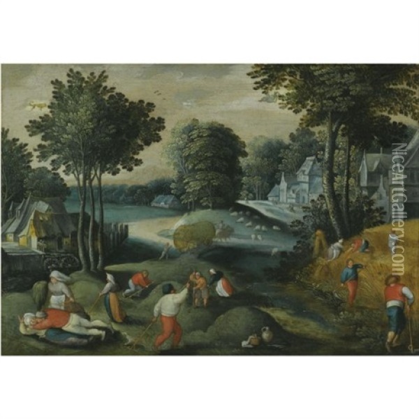 An Allegory Of Summer With Two Signs Of The Zodiac: A Village Landscape In Summer With Peasants Harvesting Oil Painting - Abel Grimmer