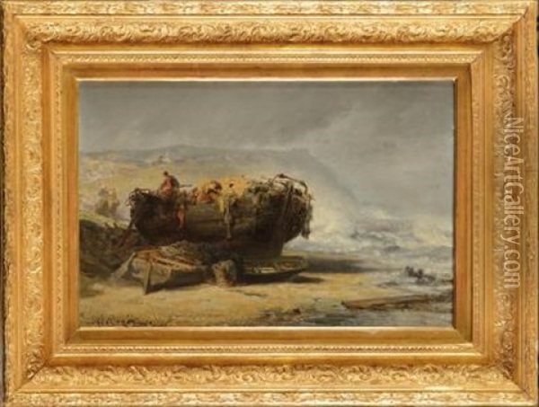 Barque Sur La Greve (boulogne ?) Oil Painting - Jules Achille Noel