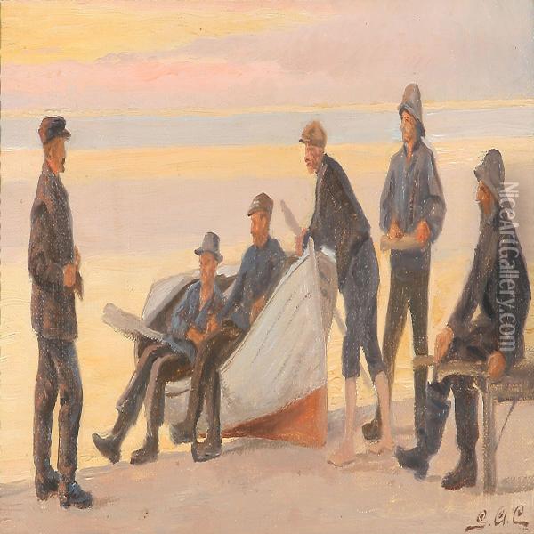 Beach Scene With Fishermen Around A Rowing Boat Oil Painting - Gustaf Adolf Clemens