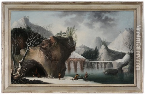 Frozen Landscape, With Figures By A Fire In A Cave Oil Painting - Francesco Foschi